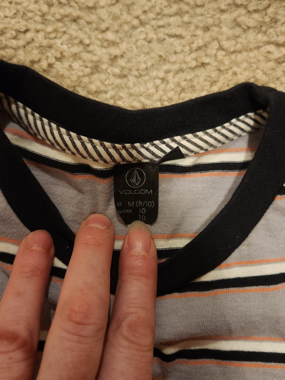 Volcom Short-Sleeve Striped Crew Tee in Light Gray, Black and Orange